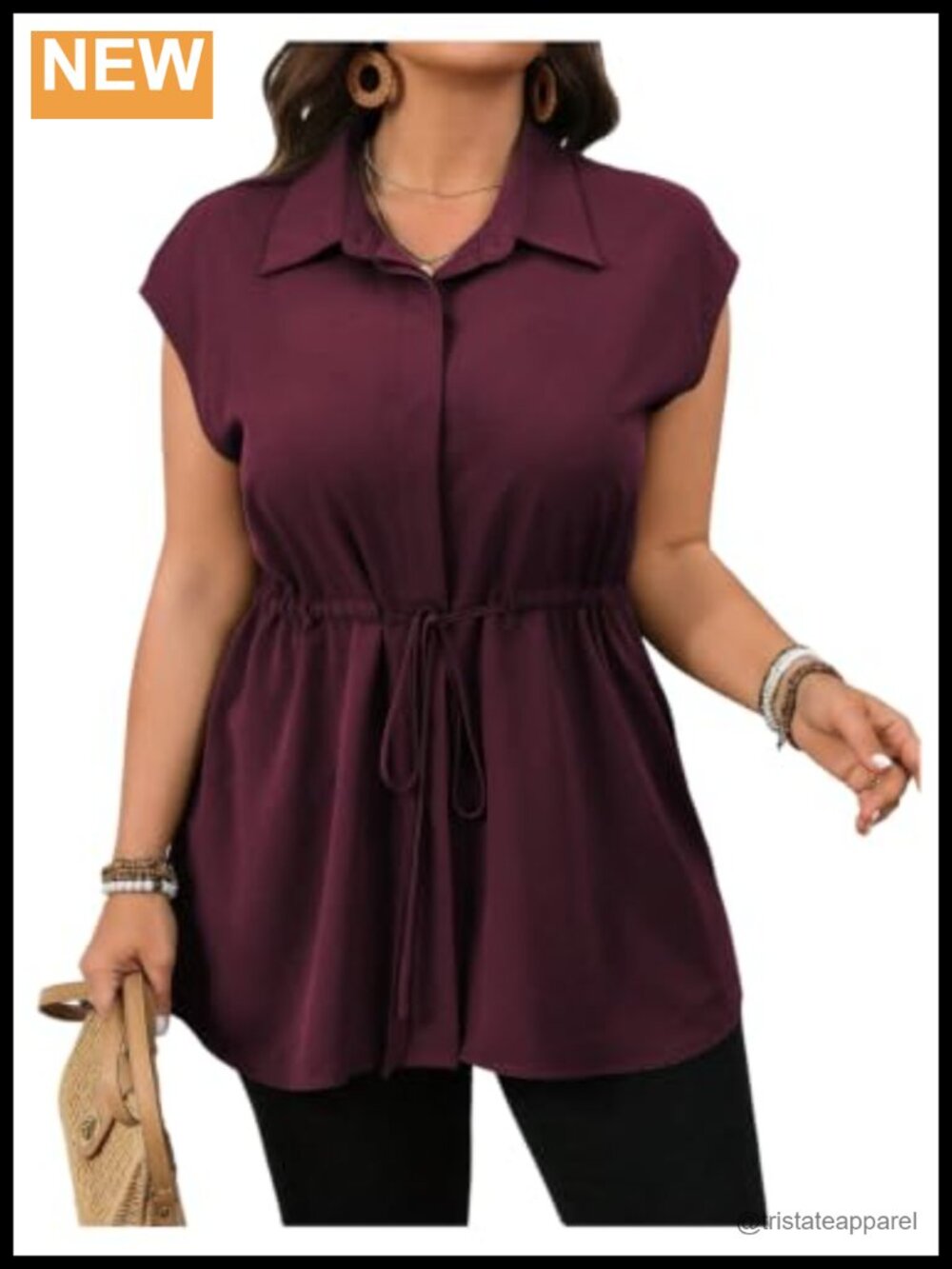Plus Size Button Down Collared Blouse Drawstring Waist Cap Sleeve Peplum Top